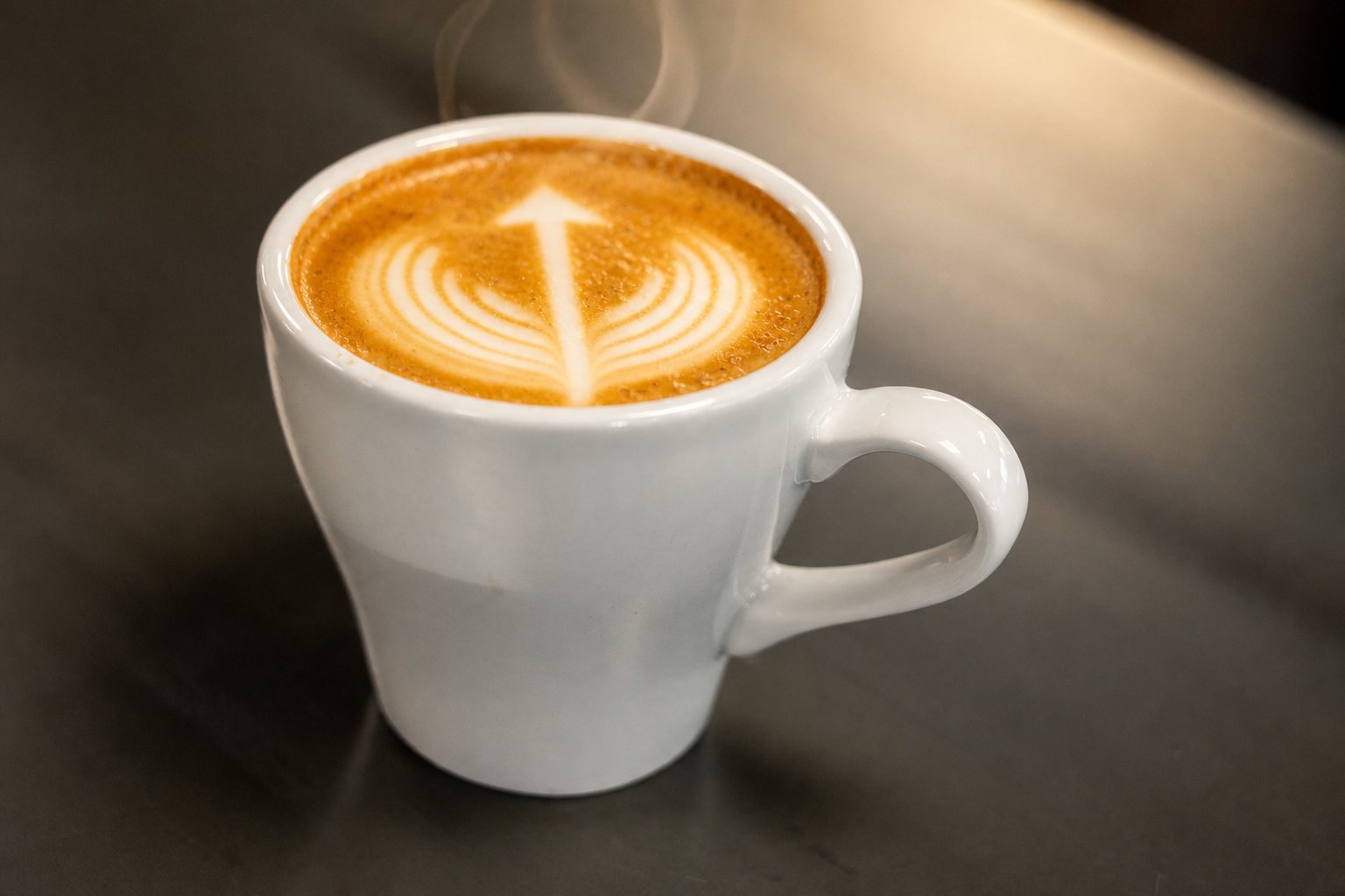 Cappuccino in a white ceramic cup on a dark table at High Grounds Lounge