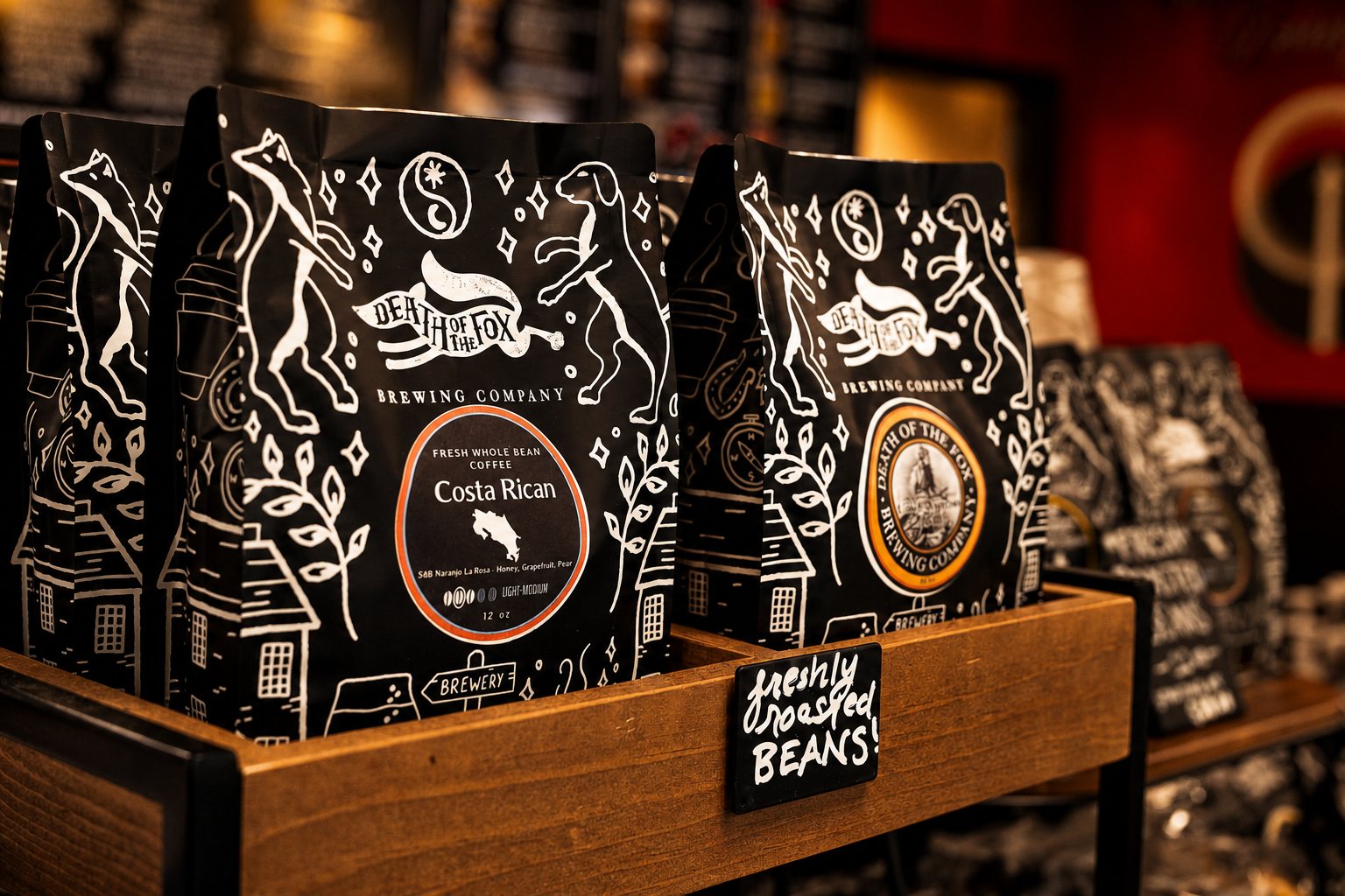 Whole bean retail display beside the espresso bar