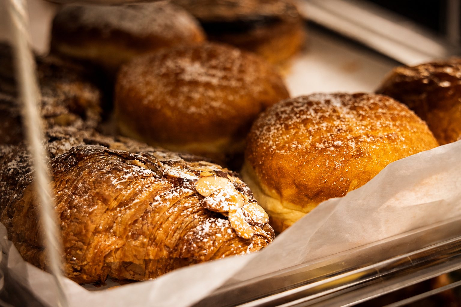 Almond croissants in the pastry case